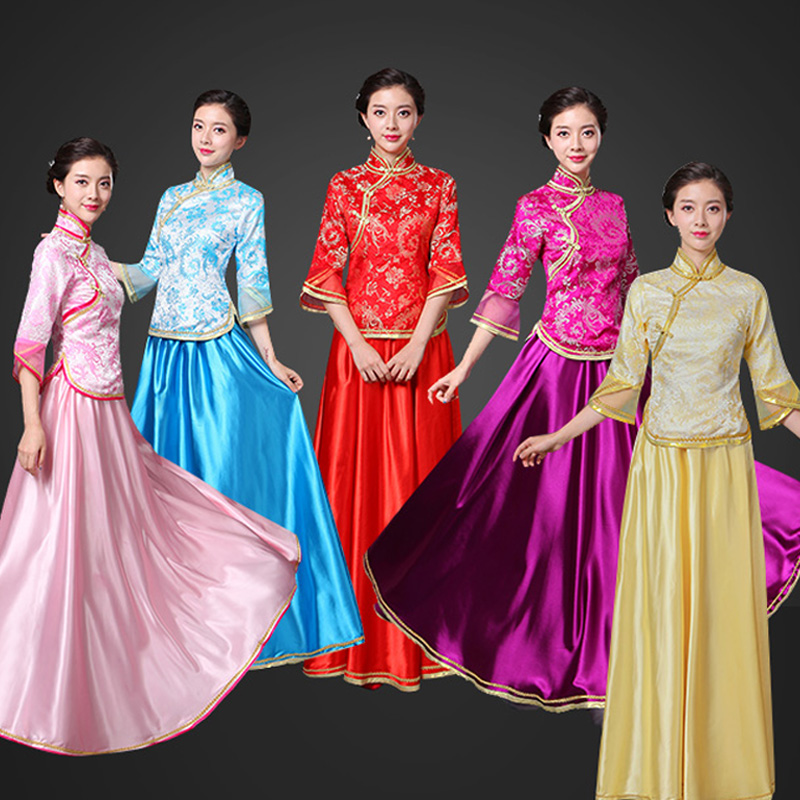 古装民国风小姐装古筝演出服中国风中式婚礼姐妹伴娘服合唱团礼服