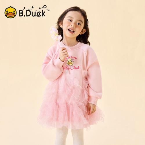 [抗菌加绒]bduck小黄鸭童装女童连衣裙冬季加绒网纱裙儿童公主裙