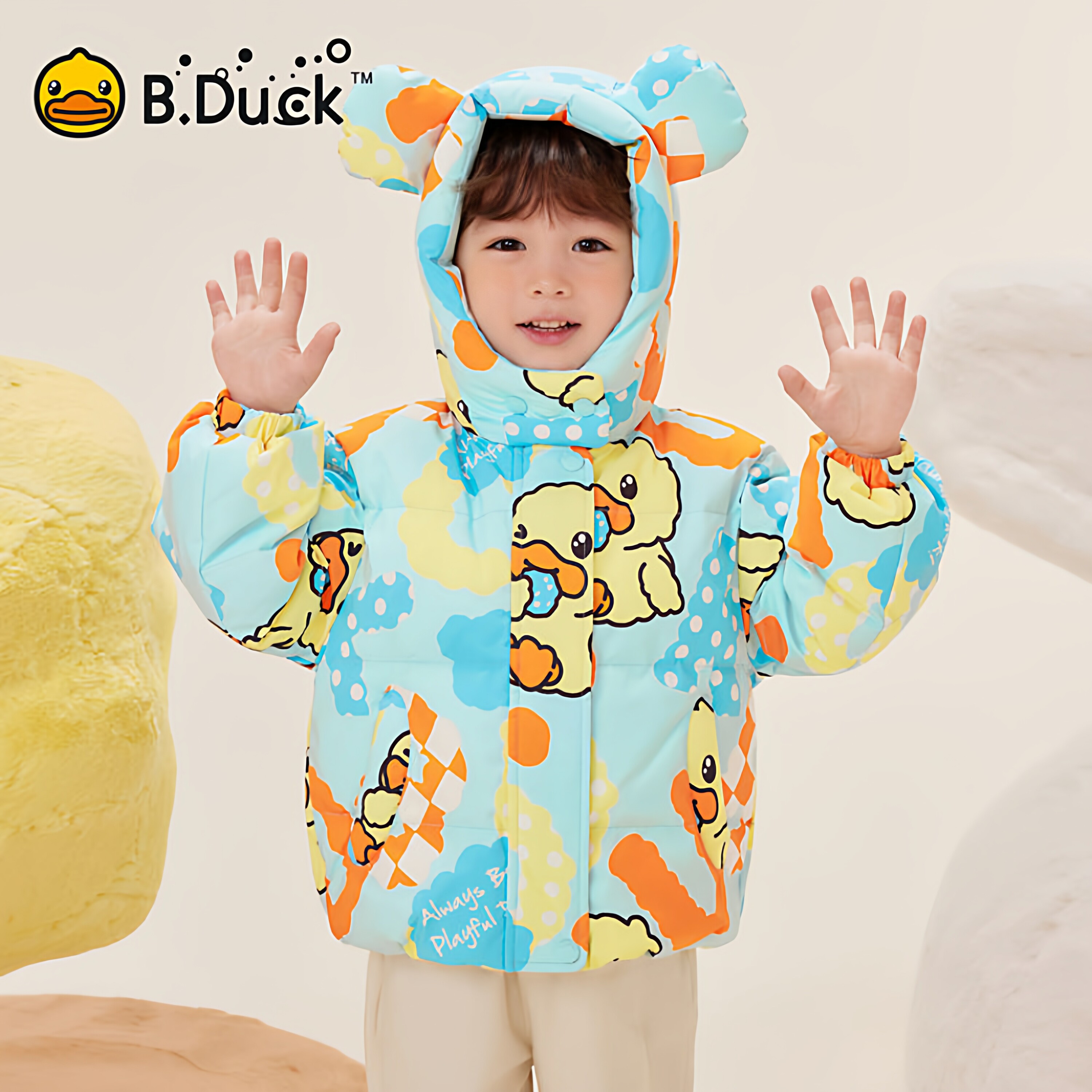 B.Duck小黄鸭童装冬季女童羽绒服短款卡通印花连儿童帽保暖外套图片