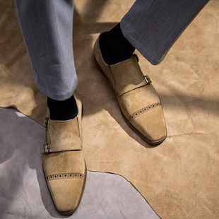 真皮孟克鞋男反绒皮正装皮鞋英伦方头复古卡其休闲鞋磨砂皮工作鞋