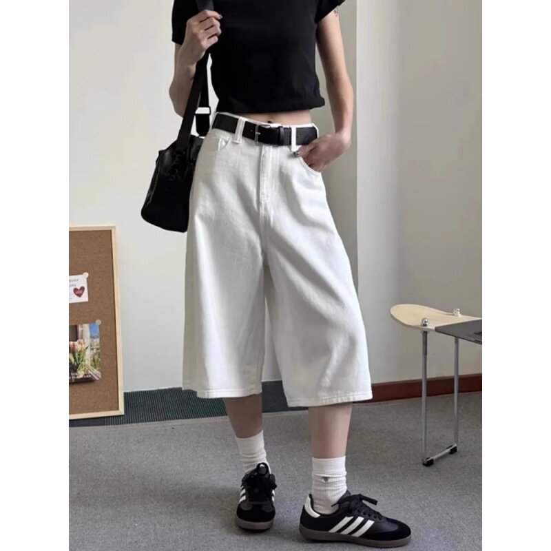 简约白色直筒牛仔七分短裤女夏季新款高腰宽松显瘦休闲阔腿中裤子