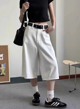 简约白色直筒牛仔七分短裤女夏季新款高腰宽松显瘦休闲阔腿中裤子