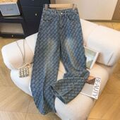 设计感字母提花宽松阔腿裤 女2025新款 子潮ins 印花直筒牛仔裤 美式