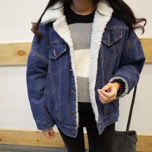 冬季新款加绒牛仔外套女韩版学生宽松bf羊羔毛棉衣百搭加厚棉服女