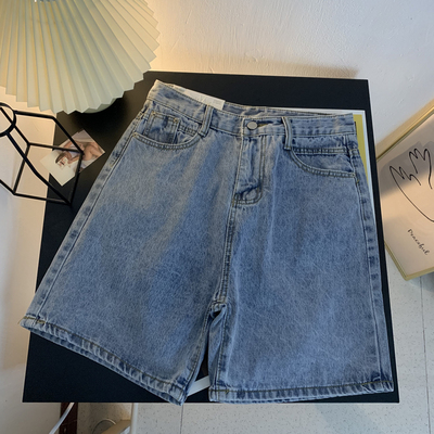 阔腿牛仔短裤女高腰显瘦V-21夏季新款复古港味五分裤休闲宽松中裤