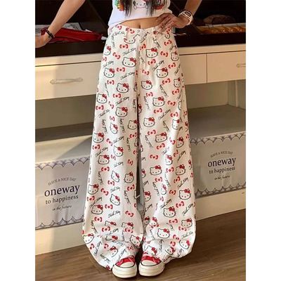 kitty猫咪印花白色阔腿牛仔裤
