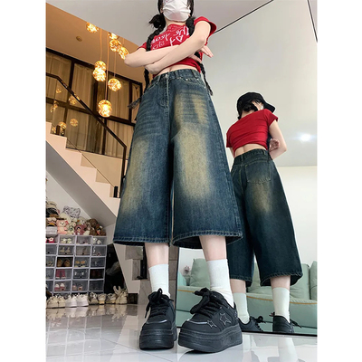 美式高街复古阔腿七分牛仔中裤女夏季高腰大码显瘦宽松直筒短裤子
