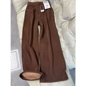 高腰显瘦宽松垂感直筒拖地阔腿裤 女秋冬新款 咖啡色加绒牛仔裤 美式