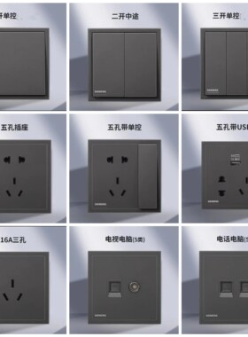 西门子致澈深灰银五孔一开二开三开四开单控双控多控16A三孔电脑