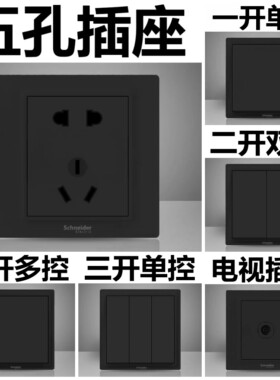 施耐德开关插座璟意深灰黑五孔一开多控二开单控三开双控四开电视