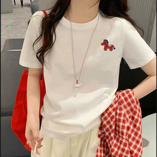 宽松白色短袖t恤女圆领棉质2026春夏季新款韩版百搭正肩显瘦上衣