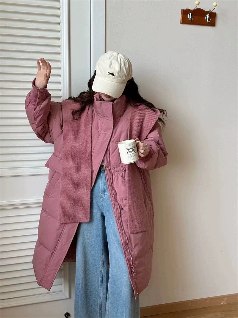 韩系针织披肩帽收腰白鸭绒羽绒服女长款过膝显瘦小众外套派克服潮