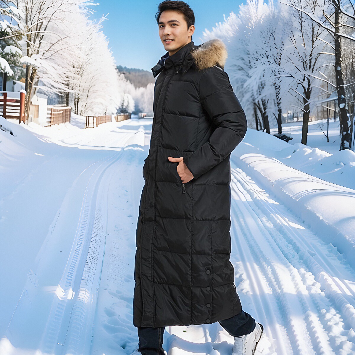 中戏黑色长款羽绒服男女情侣