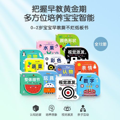 0-2岁宝宝早教撕不烂纸板书全12册婴幼儿早教一岁两岁孩子看图认物撕不破的硬纸书1岁2岁认动物水果数字颜色形状的启蒙卡片书防撕