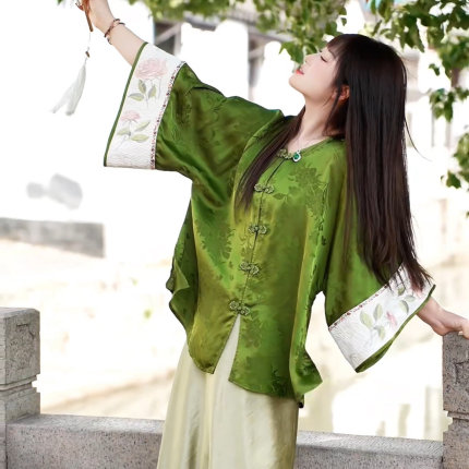 【又见青山】新中式新款宽松禅意上衣复古提花新中式圆领