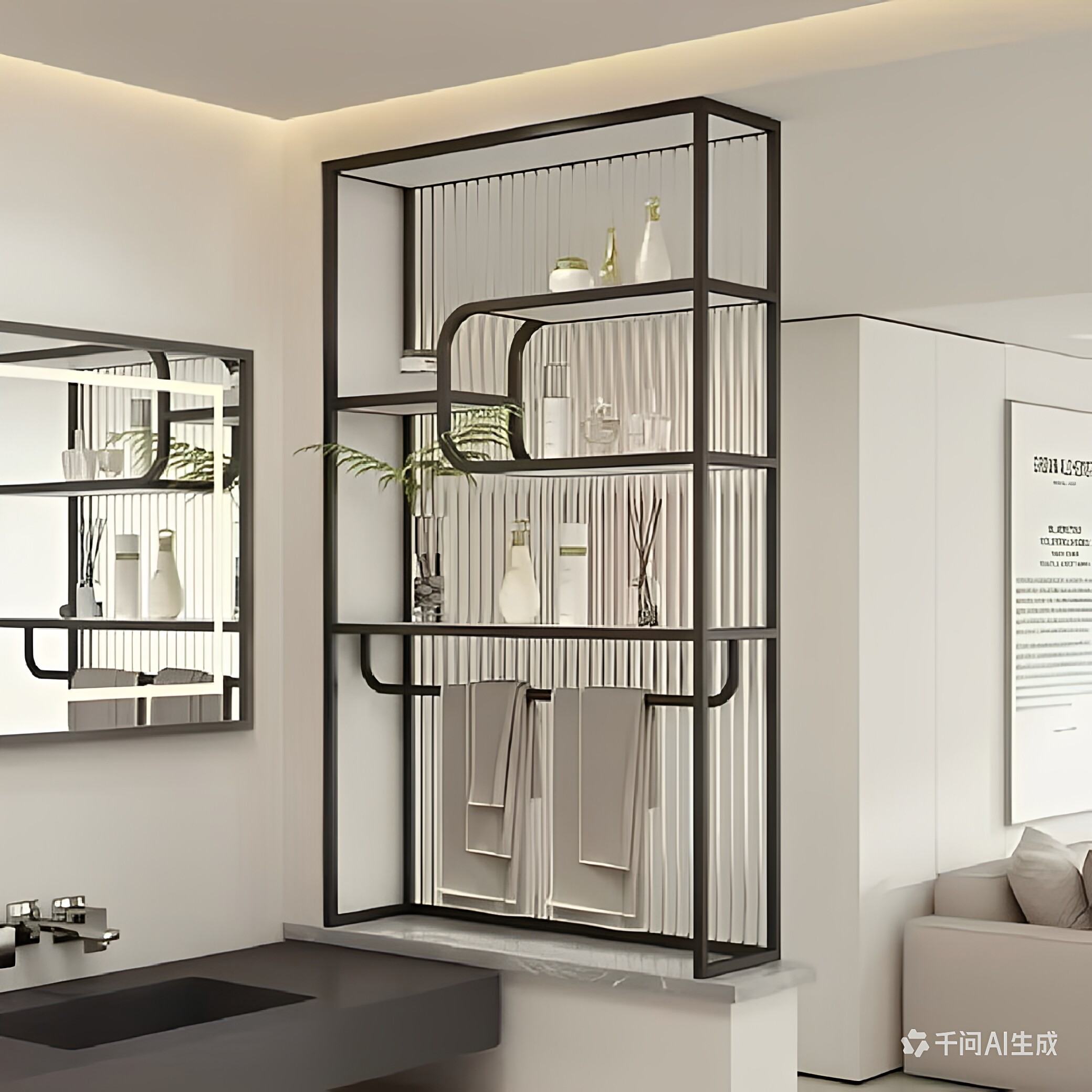 奶油风卫生间半墙隔断屏风玻璃遮挡洗漱台置物架简约现代干湿分离