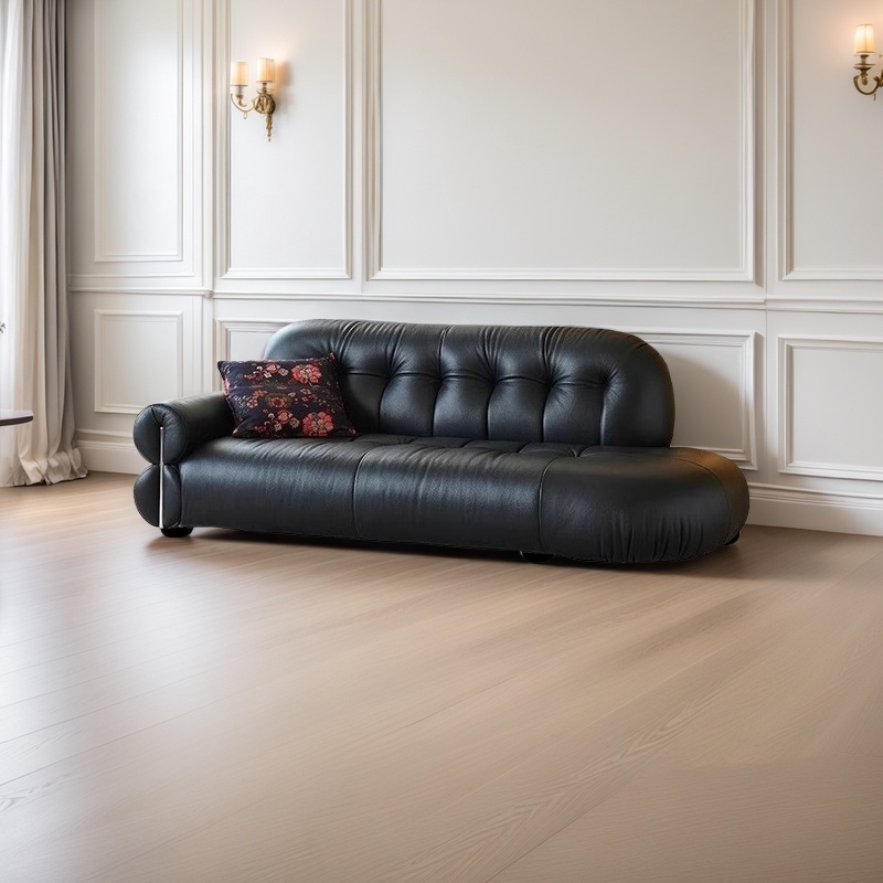 法式复古黑糖云朵矮脚贵妃榻真皮沙发直排单扶手躺椅设计师沙发