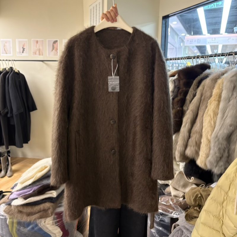 韩国高品质羊绒羊毛拉毛大衣女2025冬季系带宽松圆领中长款外套