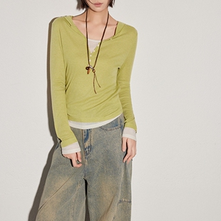 长袖 生哥家 女士拼接v领假两件打底衫 天丝桑蚕丝 上衣 高定牛货