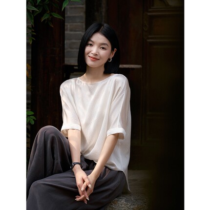 生哥家 少量高货捡漏！真丝醋酸一字领上衣高级感女式短袖小衫
