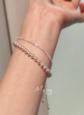 MAPG封神5MM淡粉光珍珠极细闪双层锆石手链抽拉绳假两条叠戴手环