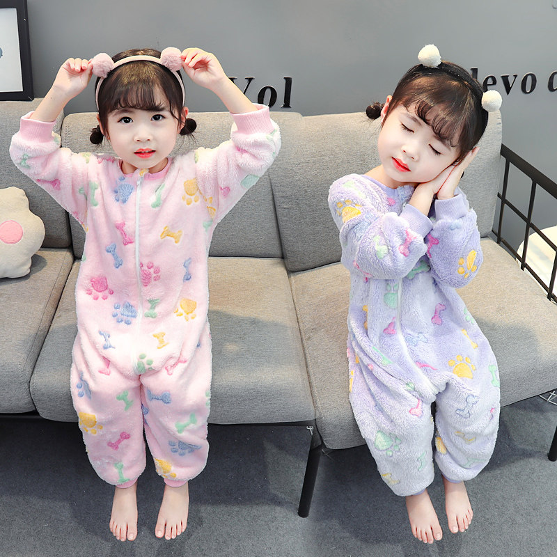 CHILDRENS JUMPSUIT SPRING AND AUTUMN PAJAMAS THICKENED FLANNEL BABY SLEEPING BAG AUTUMN AND WINTER FEMALE BABY CORAL FLEECE ROMPER GIRL
