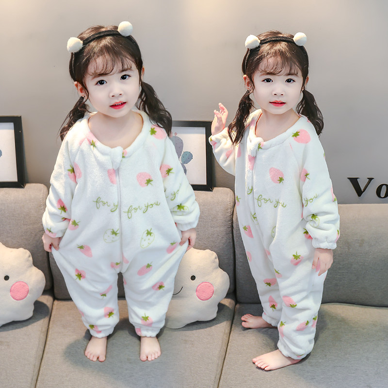 女童秋冬保暖法兰绒连体睡衣宝宝护肚子睡袋珊瑚绒婴幼儿厚款两岁