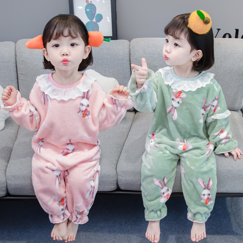 女童春秋法兰绒连体睡衣女宝宝公主花边珊瑚绒睡袋婴幼儿防踢爬服