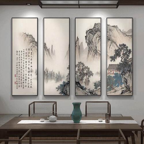 山水画客厅背景墙装饰画条屏四联画书房办公室壁画新中式茶室挂画