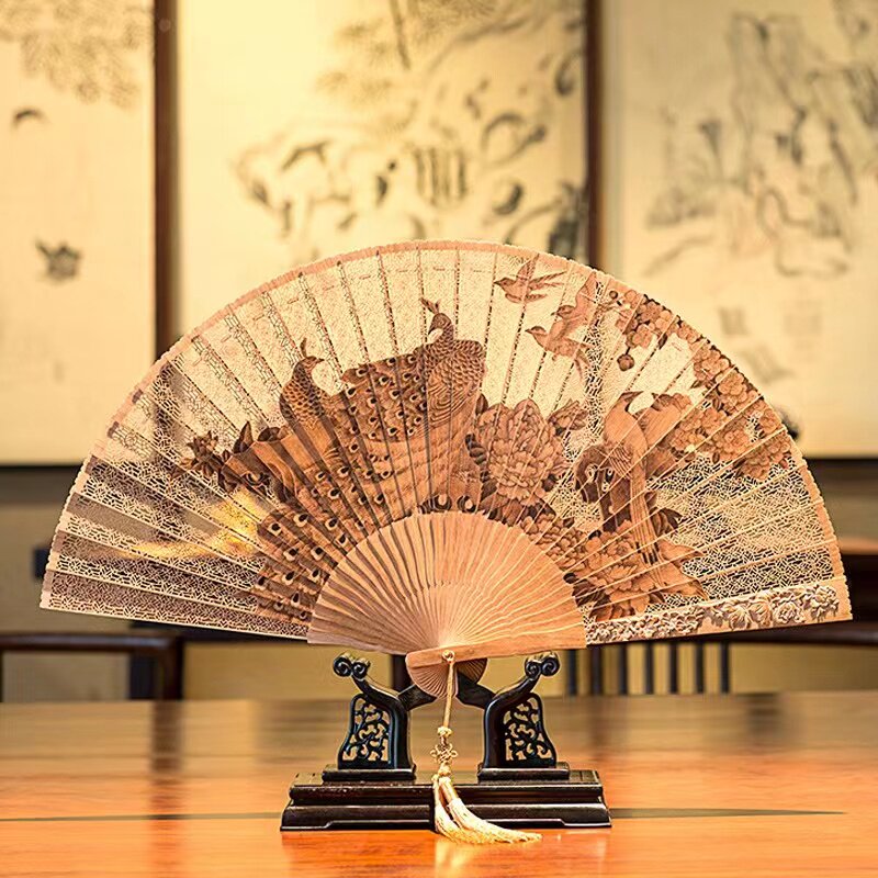 扇子杭州王星记孔雀花鸟纯手工拉花烫花印度老山檀香扇礼品收藏扇