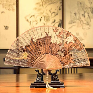 扇子杭州王星记孔雀花鸟纯手工拉花烫花印度老山檀香扇礼品收藏扇