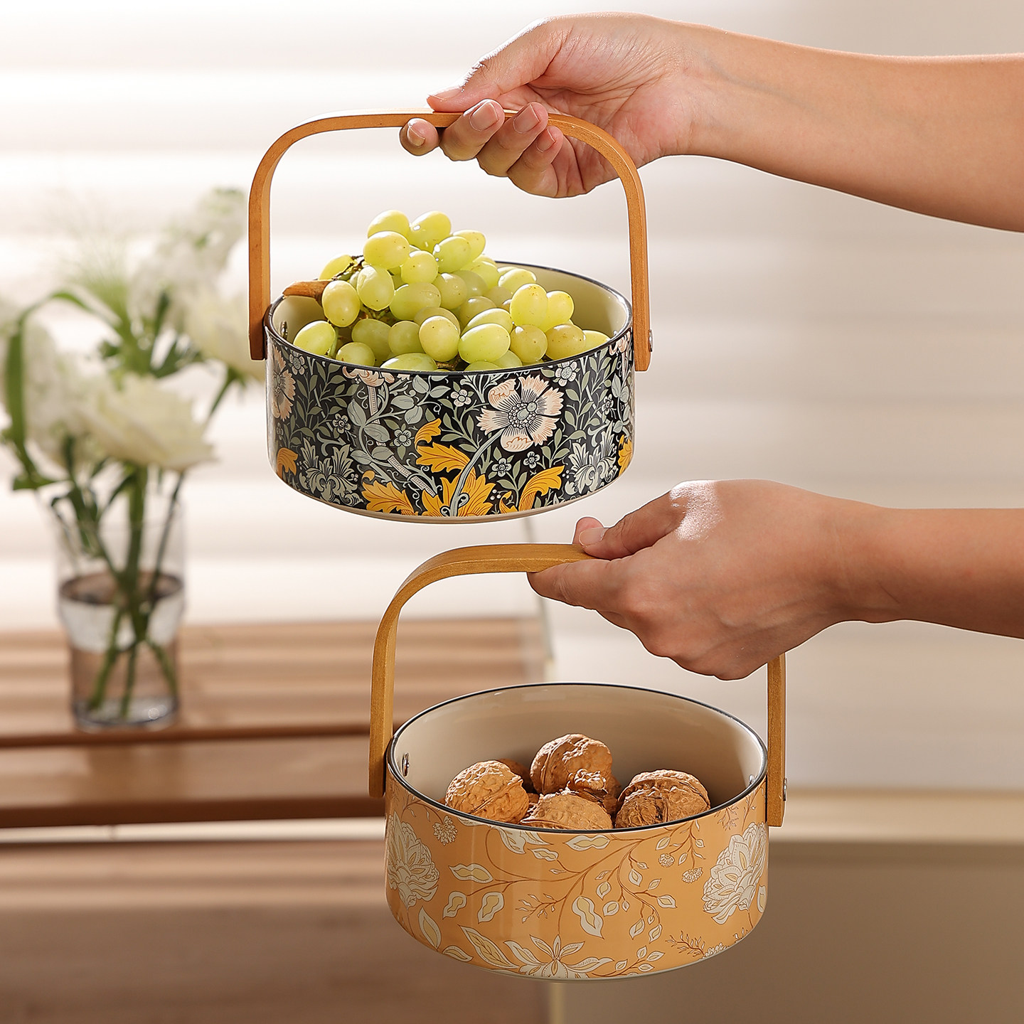 复古花卉手提篮釉下彩果篮水果盘客厅茶几干果盘高颜值零食摆放盘,餐饮具,果盆/果盘/果篮,淘宝优惠券,粉丝福利购,淘宝优惠卷
