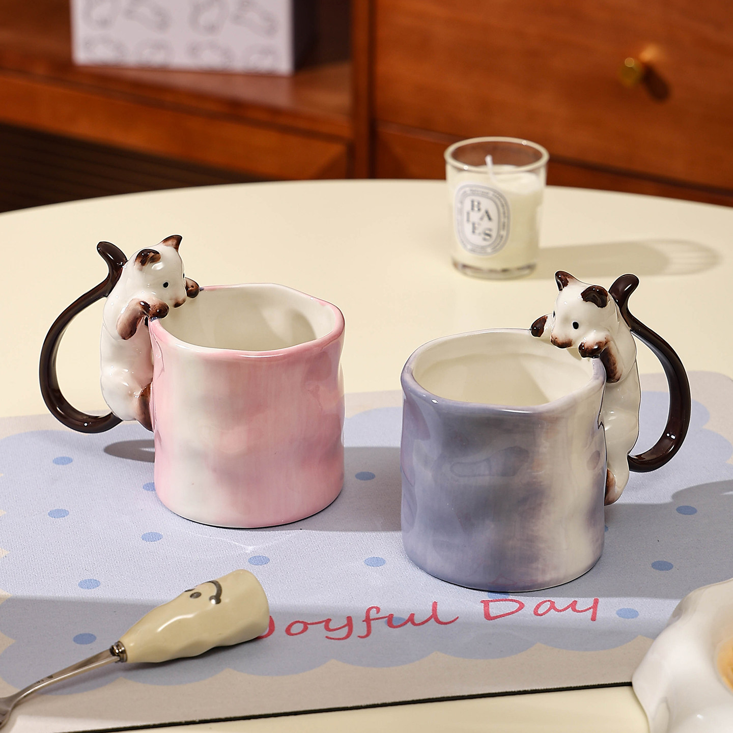 鹿谷川渐变马克杯家用喝水杯子陶瓷杯大容量立体可爱逞罗猫咖啡杯