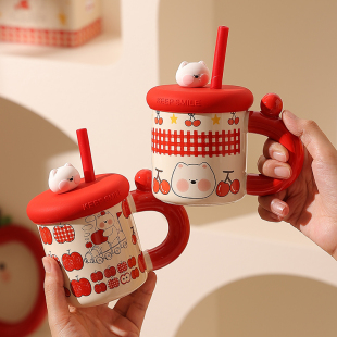 可爱马克杯陶瓷杯子带盖吸管杯家用喝水杯女生高颜值早餐杯情侣杯