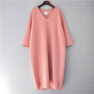 过膝复古V领毛裙 双面手缝羊绒羊毛气质慵懒风长款 鸿思格HSG 0193