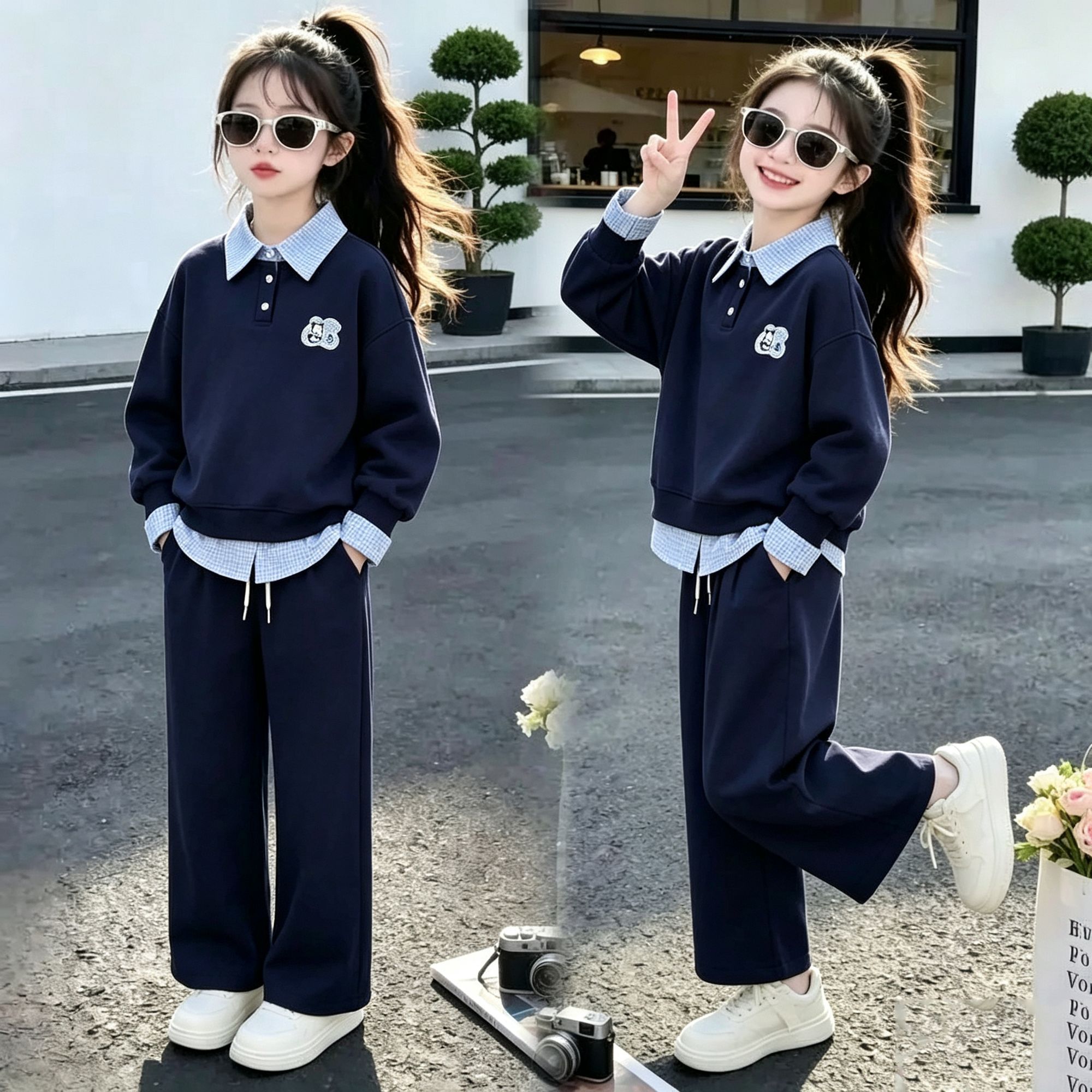 女童春秋款藏青色假两件套装