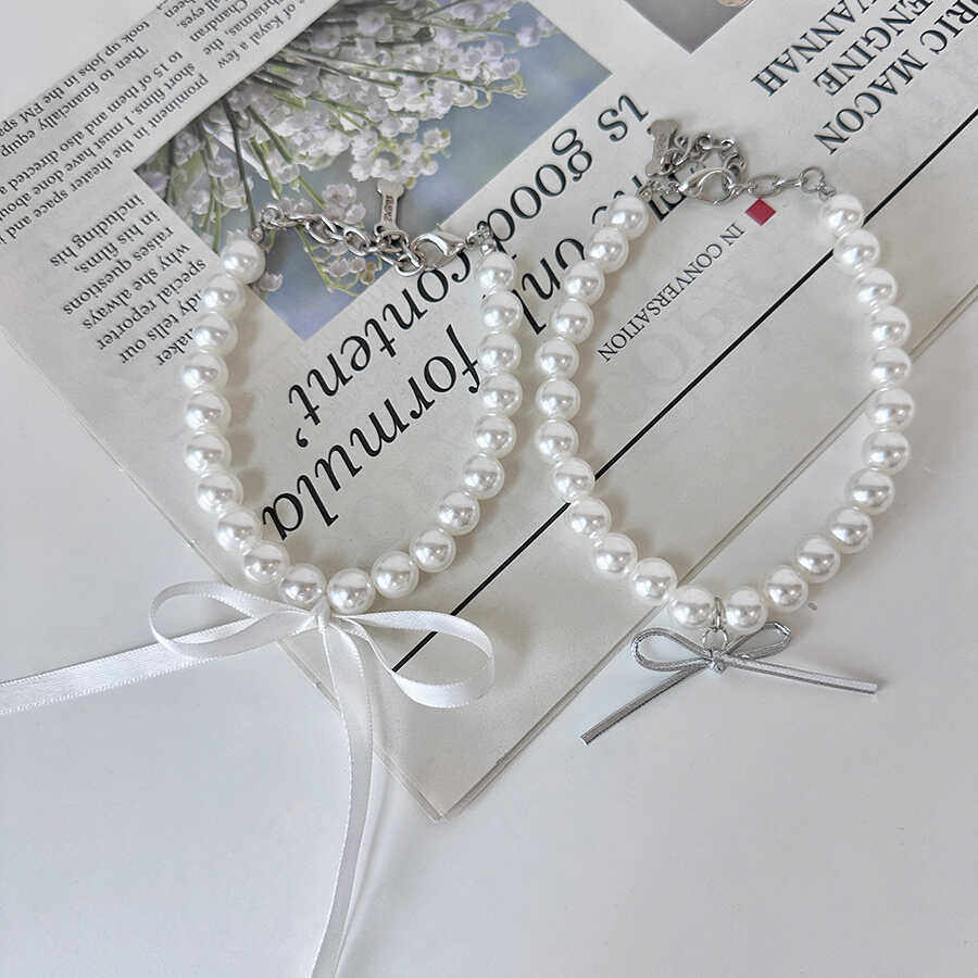 蝴蝶结丝带宠物珍珠项链 简约芭蕾风猫咪狗狗项链项圈 宠物配饰