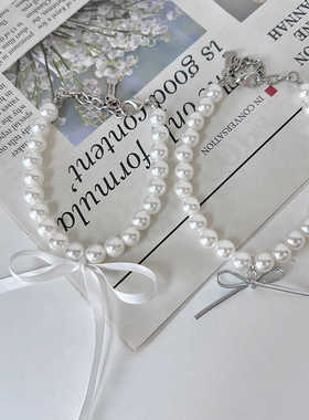 蝴蝶结丝带宠物珍珠项链 简约芭蕾风猫咪狗狗项链项圈 宠物配饰