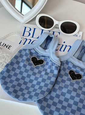 袋袋猫 爱心钻蓝格弹力针织宠物T恤吊带 猫咪约克夏狗狗春夏衣服