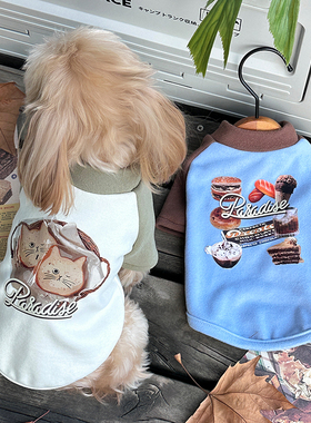 袋袋猫 野餐印花柔软纯棉插肩袖T恤 猫咪约克夏小型狗秋季衣服