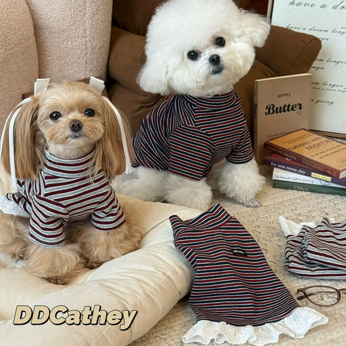 袋袋猫 秋冬红色系学院感条纹 宠物纯棉T恤连衣裙 比熊小型狗衣服