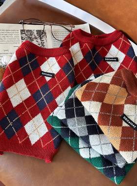 袋袋猫 miu系学院 圣诞格纹宠物毛衣 小型犬比熊狗冬季红色衣服