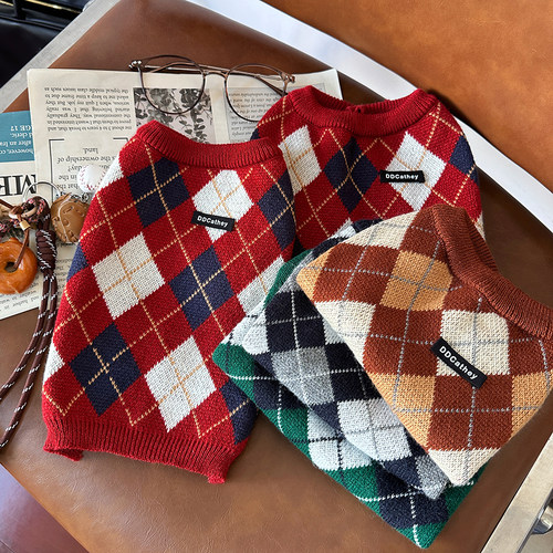 袋袋猫 miu系学院 圣诞格纹宠物毛衣 小型犬比熊狗冬季红色衣服