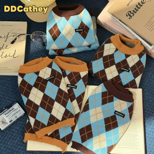 小型犬比熊狗秋冬衣服 学院复古宠物毛衣 袋袋猫 焦糖蓝棕格纹美式