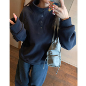 美式 复古加绒加厚立领卫衣女秋冬季 宽松设计感小众半高领纽扣上衣