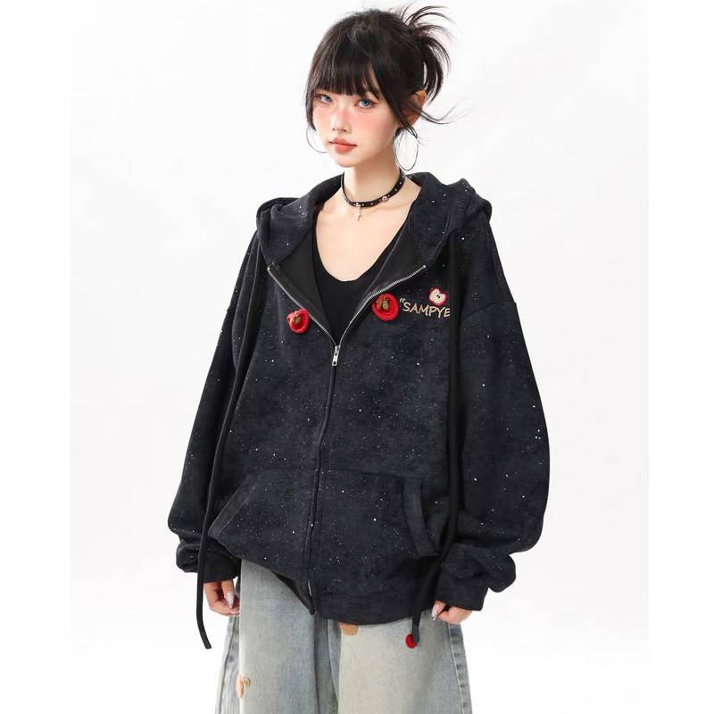 苹果刺绣连帽卫衣女秋冬开衫外套