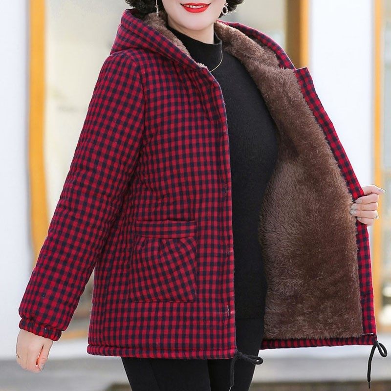 女士新款加绒加厚宽松连帽外套棉衣大码妈妈装长袖格子通勤女装