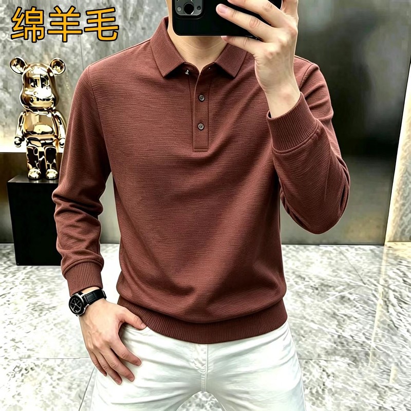 含绵羊毛细坑条翻领长袖T恤男秋Polo衫