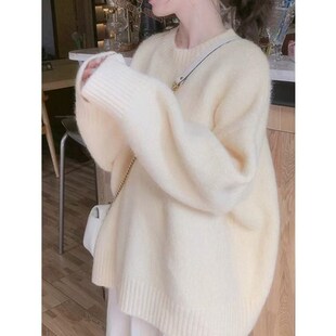 慵懒风软糯圆领毛衣女秋冬宽松套头开衫针织衫上衣