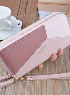 新款钱包女士长款双拉链手拿包时尚拼接撞色大容量双层钱夹手机包